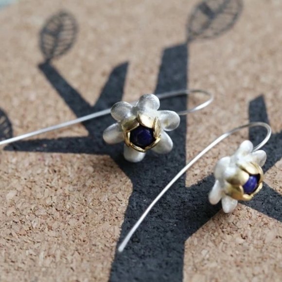 14k Gold Flower Long Fish Hook Earrings Sterling Silver - Picture 6 of 9